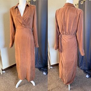 DISSH Sasha Tan Wrap Midi Dress Long Sleeve Collared Size 10 NEW